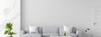 Gray sofa in white living room interior with copy space, 3D rendering